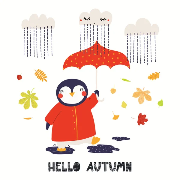 Ilustración Vectorial Dibujada Mano Lindo Pingüino Con Paraguas Hojas Lluvia — Vector de stock