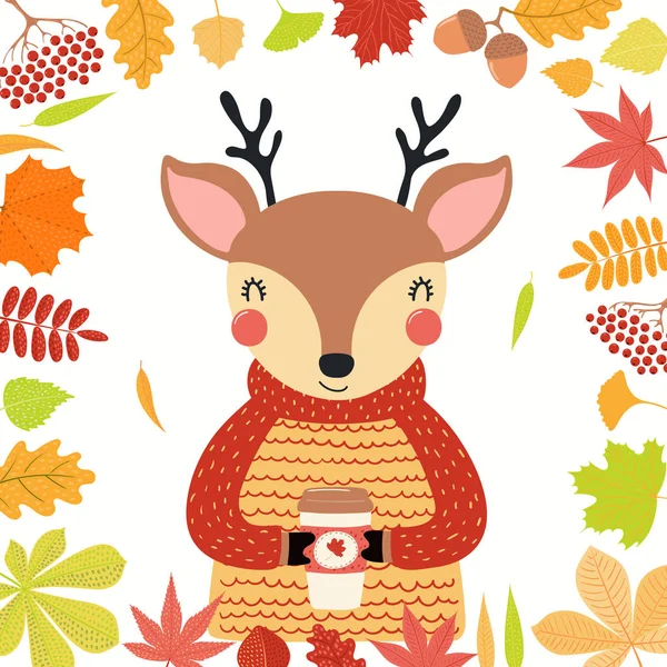 Hand Getekende Vector Illustratie Van Een Schattig Hert Herfst Dragen — Stockvector