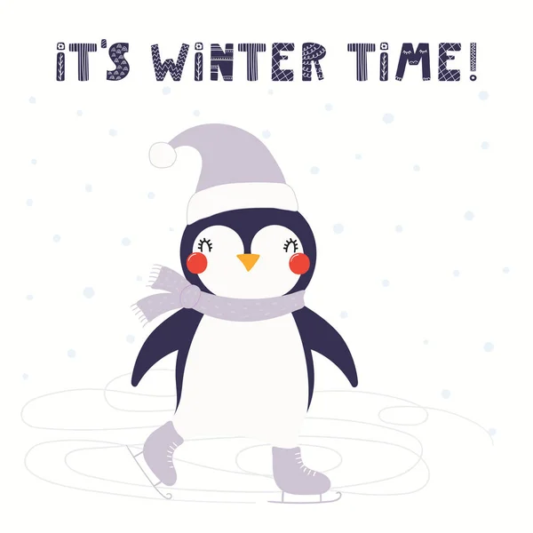Векторная Иллюстрация Милого Пингвина Шляпе Катающегося Коньках Снегом Цитата Зимнее — стоковый вектор