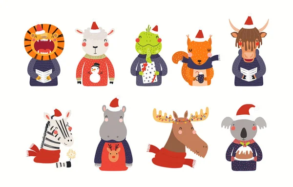 Set Navidad Con Lindos Animales Sombreros Santa Claus Suéteres Feos — Vector de stock