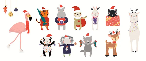 Conjunto Natal Com Animais Bonitos Chapéus Papai Noel Árvore Presentes — Vetor de Stock
