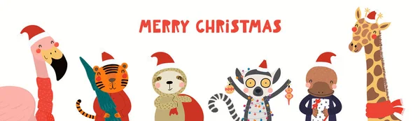 Handgezeichnete Karte Mit Niedlichen Tieren Weihnachtsmannhüten Schalldämpfern Baum Geschenken Schmuck — Stockvektor