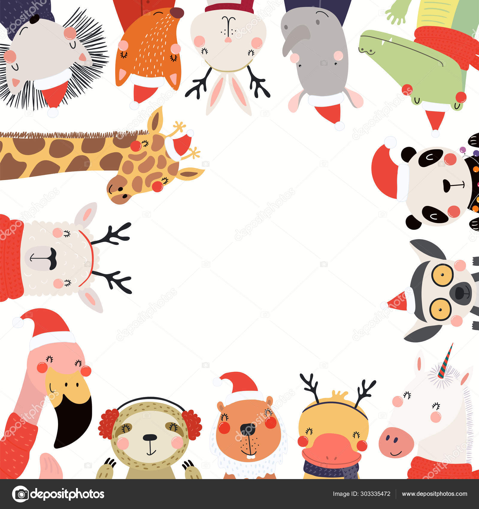 New Year Frame Cute Cartoon Animals Santa Claus Hats Scandinavian