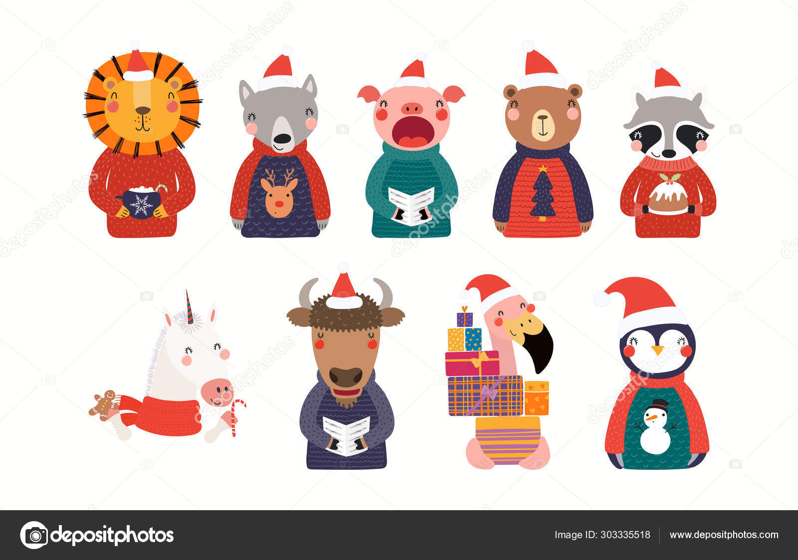 Christmas Set Cute Animals Santa Claus Hats Ugly Sweaters Isolated Stock  Vector Image by ©Maria_Skrigan #303335518
