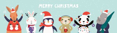 Noel Baba şapka, kıvılcım, ağaç, hediyeler, süseşyaları, metin Merry Christmas sevimli hayvanlar ile el çizilmiş kart. İskandinav tarzı düz tasarım. Kavram çocuklar baskı, davet.