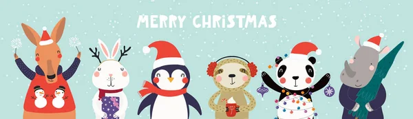 Carta Disegnata Mano Con Simpatici Animali Cappelli Babbo Natale Scintille — Vettoriale Stock