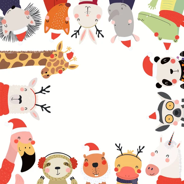 New Year Frame Cute Cartoon Animals Santa Claus Hats Scandinavian — Stock Vector