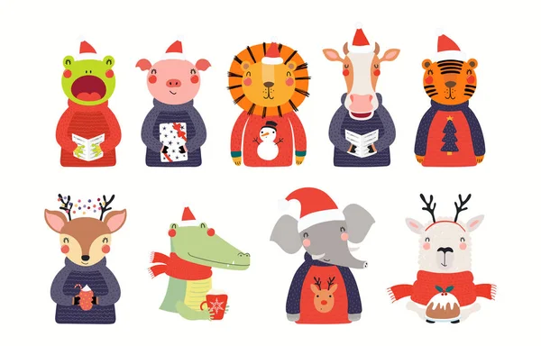 圣诞大套装 有可爱的动物 戴着圣诞老人的帽子 穿着丑陋的毛衣 被白色背景隔离 斯堪的纳维亚风格的平面设计 概念儿童印刷品 — 图库矢量图片