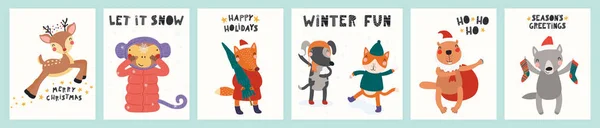 Sammlung Von Grußkarten Mit Niedlichen Tieren Tun Winter Weihnachtsaktivitäten Baum — Stockvektor