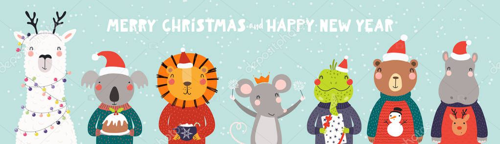 Hand drawn card, banner with cute animals in Santa Claus hats, sweaters, sparkler, pudding, gift, text Merry Christmas.  Scandinavian style flat design. Concept kids print, invite.