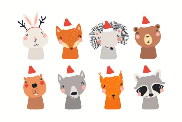 Weihnachten Set Mit Niedlichen Tieren Weihnachtsmannhüten Isoliert Auf Weißem Hintergrund — Stockvektor