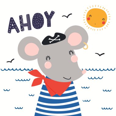 Deniz dalgaları, martılar ve beyaz arka planda izole edilmiş Ahoy harfleri olan şirin fare korsanın el çizimi tasviri. İskandinav tarzı düz tasarım. Çocuk yazdırma kavramı.