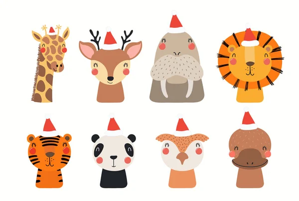 Set Navidad Con Animales Lindos Sombreros Santa Claus Aislados Sobre — Archivo Imágenes Vectoriales