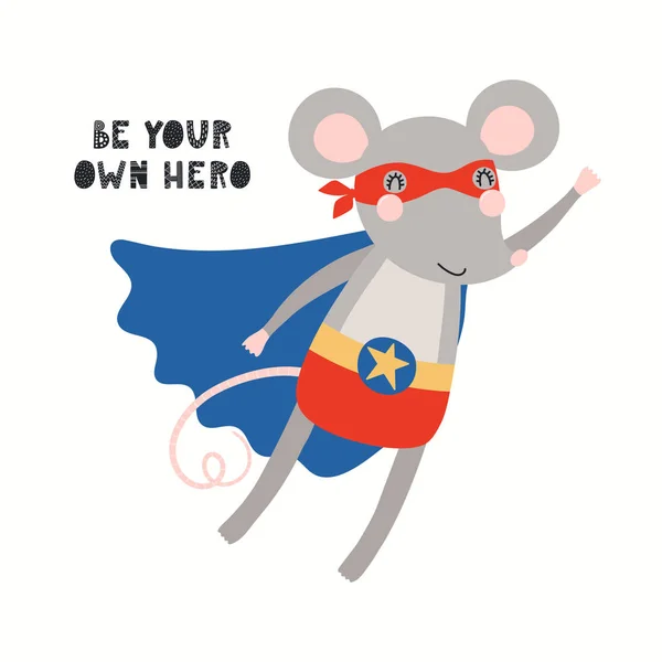 Ręcznie Rysowane Wektor Ilustracji Cute Myszy Superbohatera Latającego Cytatem Literowania — Wektor stockowy