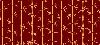 Doğu tarzında kırmızı arkaplanda altın bambu desenli el çizimi. Çin Yeni Yıl tatili afişi için kavram 