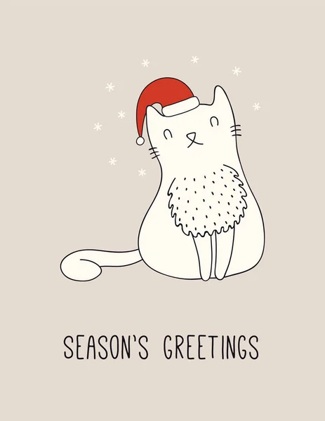 손으로 산타클로스 모자를 귀여운 고양이 눈송이 텍스트 일러스트 선그리기 크리스마스 — 스톡 벡터