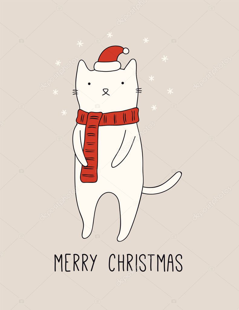 Hand drawn card, banner with cute cat in Santa Claus hat, muffler, snowflakes, text Merry Christmas. Vector illustration. Design concept for holiday print 