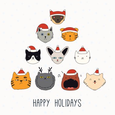 El çizimi kart, şirin kedi suratlı pankart Noel Baba şapkaları, mutlu tatiller mesajı. Noel baskısı için tasarım kavramı 