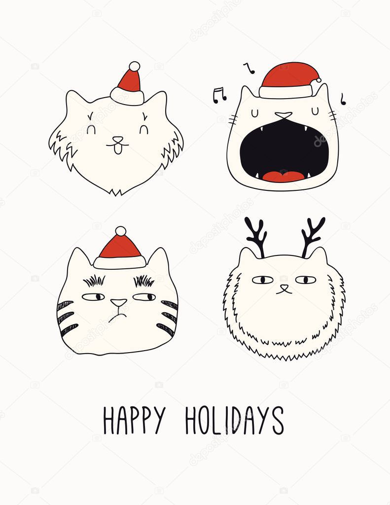 banner with cute cats faces in Santa Claus hats, text Happy holidays. Vector illustration. Design concept for Christmas print 