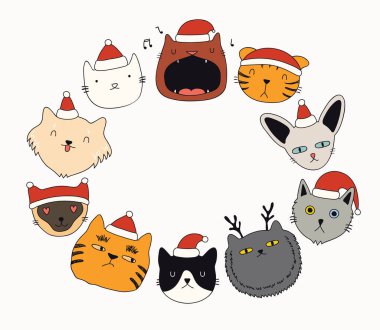 Noel Baba şapkalı şirin kedilerin olduğu el çizimi çerçeve, mesaj için yer. Noel kartı için tasarım kavramı 