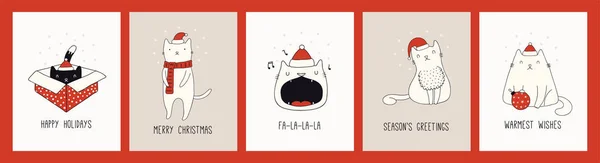 Colección Cartas Navidad Dibujadas Mano Con Gatos Lindos Sombreros Santa — Vector de stock