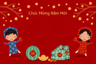 Tet için el çizimi vektör illüstrasyonları, tatlı çocuklar ve ao dai, pirinç kekleri, altın, karpuz, kayısı çiçekleri, Vietnam metinleri Mutlu yıllar. Konsept tatil kartı