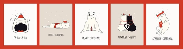 Colección Cartas Navidad Dibujadas Mano Con Gatos Lindos Sombreros Santa — Vector de stock