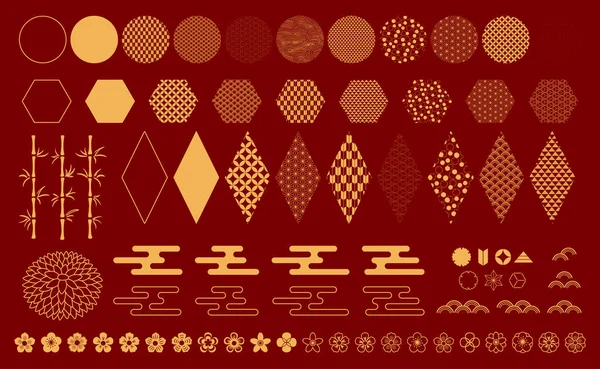 Doğu Tarzında Altın Dekoratif Elementler Kasımpatı Bambu Bulut Desenli Geometrik — Stok Vektör