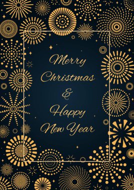 Koyu mavi arka planda altın havai fişek çerçeveli vektör illüstrasyonu, Mutlu Noeller ve mutlu yıllar mesajı. Bayram tebrik kartı kavramı