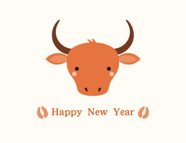 2021 Çin Yeni Yıl vektör çizimi şirin öküz yüzü, toynak izleri, tipografi, beyaz arka planda izole edilmiş. Tatil kartı konsepti 