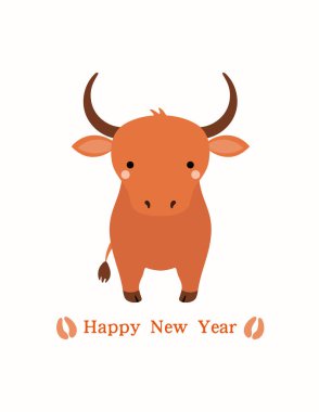 2021 Çin Yeni Yıl vektör ilüstrasyonunda beyaz arka planda şirin öküz, toynak izleri, tipografi, izole edilmiş. Tatil kartı konsepti 