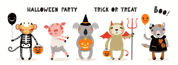 Illustration Halloween Pour Enfants Animaux Mignons Costumes Fête Astuce Traitement — Image vectorielle