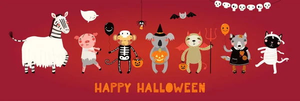 Kids Halloween Ilustração Animais Bonitos Trajes Festa Truque Tratamento Projeto — Vetor de Stock