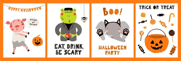 Kinder Halloween Süße Tiere Partykostümen Tricksen Oder Behandeln Geister Kürbis — Stockvektor