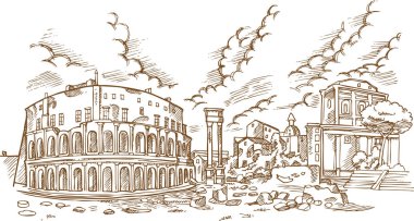 panoramic view on the ancient Theatre of Marcellus( Teatro di Marcello ), vector illustration hand draw clipart