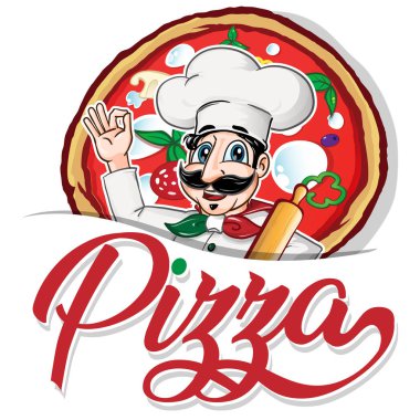 Komik İtalyan Şef pizza arka plan üzerinde arması