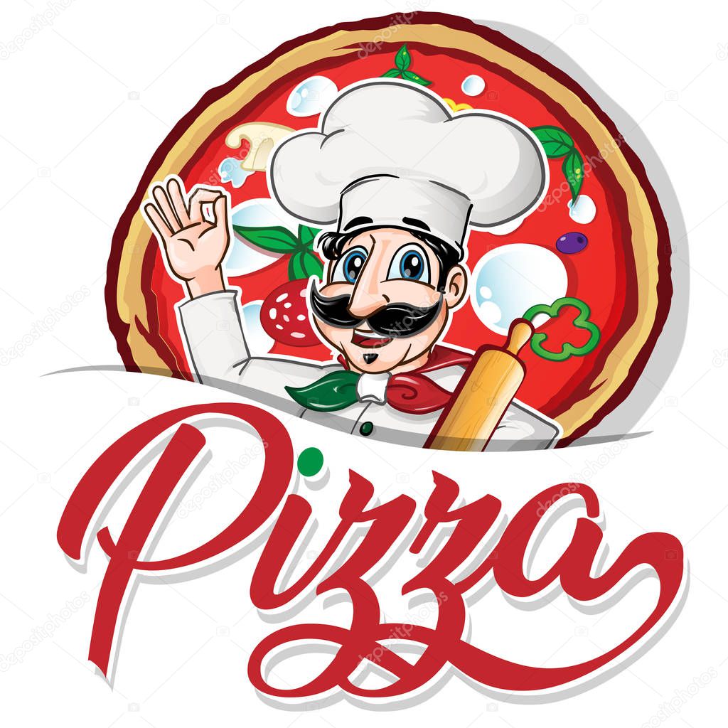 Emblem of funny italian Chef on pizza  background