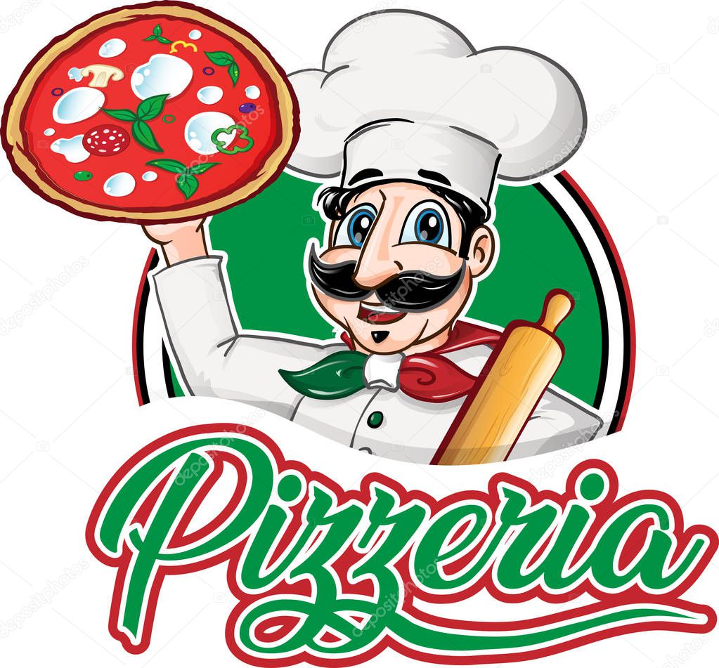 Italian Chef  emblem with pizza margherita isolated on white background