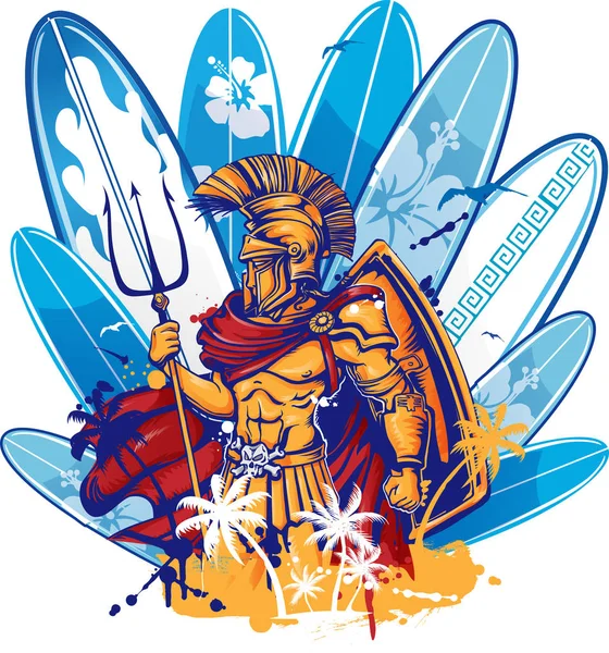 Poseidon Surfista Sobre Elementos Tabla Surf — Vector de stock