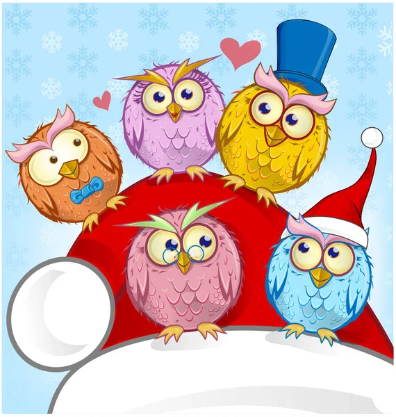 Greeting Christmas Card Five Owls Blue Background — Stock Photo, Image