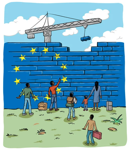 Άτομα Πρόσφυγες Μπροστά Από Μια Σημαία Ευρωπαϊκής Τοίχων — Διανυσματικό Αρχείο