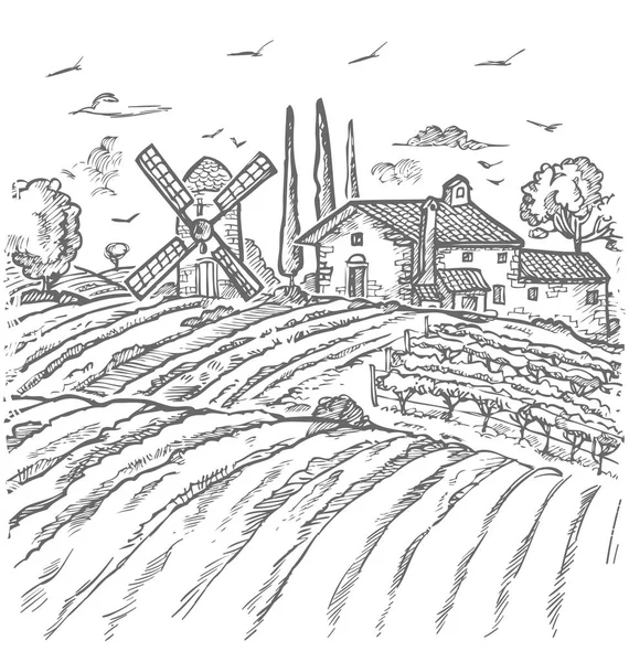 矢量农场雕刻风格绘图 白色上的灰色线条 — 图库矢量图片