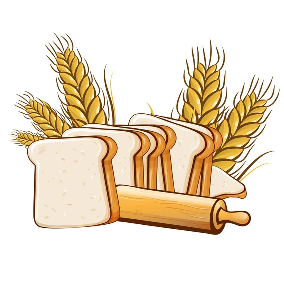 Scheiben Brot Mit Nudelholz Isoliert Auf Weißem Hintergrund — Stockvektor