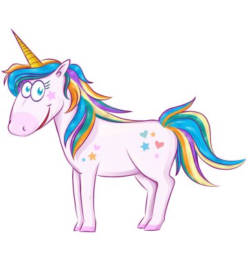 Sevimli çizgi film beyaz arka plan üzerinde izole tek boynuzlu at 