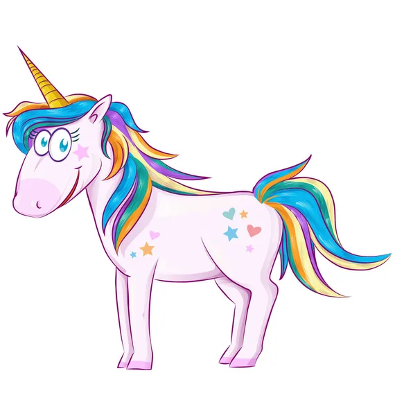 Sevimli çizgi film beyaz arka plan üzerinde izole tek boynuzlu at 