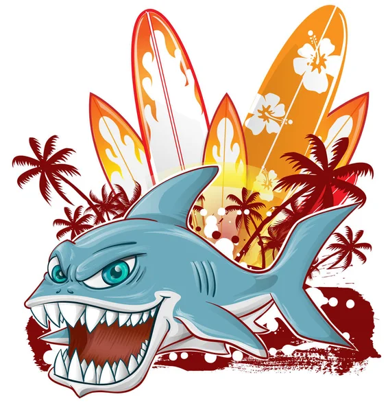 Shark Character Cartoon Surfboard Isolated White Background — Stock Vector