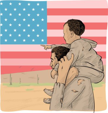 father and son immigrant in front of the USA flag clipart
