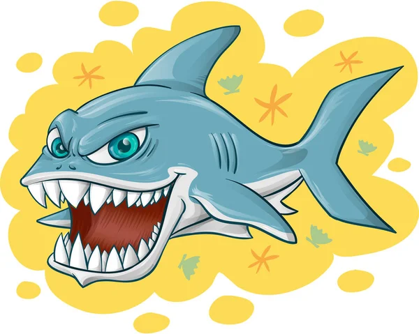 Cartoon Tubarão Fundo Amarelo Ilustração Vetorial —  Vetores de Stock