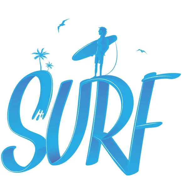Surfing Huruf Dengan Telapak Tangan Dan Surfer Gaya Ilustrasi Vektor - Stok Vektor