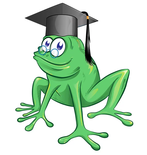 Ilustrace šťastné usmívající se žáby na sobě černé absolvent mo — Stock fotografie